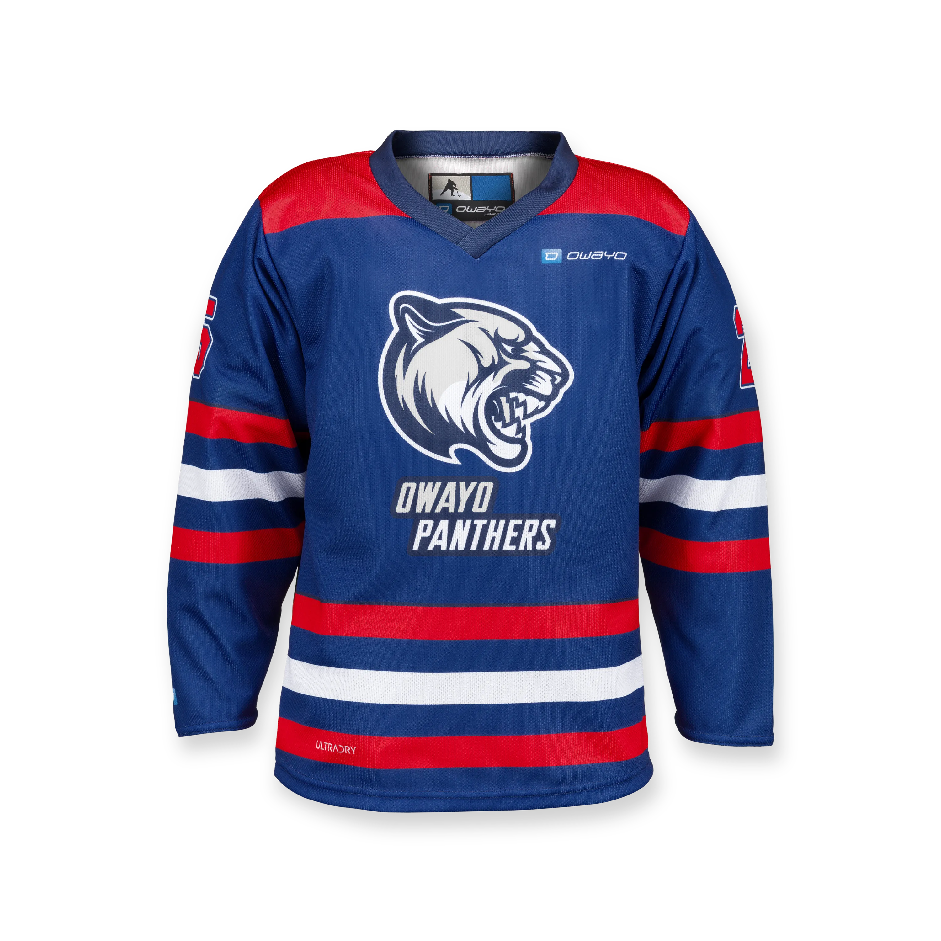 Un maillot de hockey bleu avec des rayures rouges et blanches, présentant un logo de panthère à l'avant et le numéro 26 sur la manche.