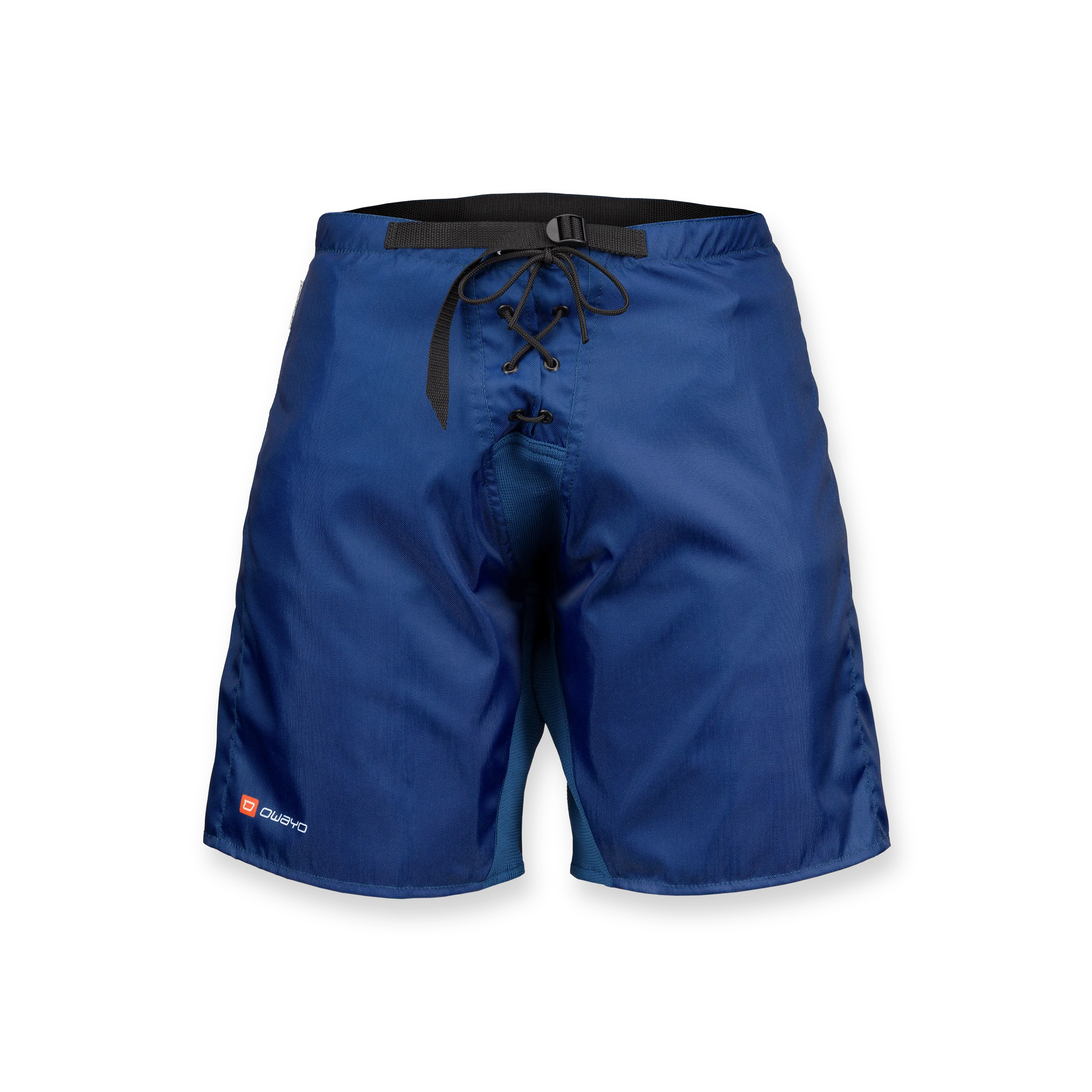 Une vue de face de shorts de sport bleus avec un cordon de serrage et une taille élastique.