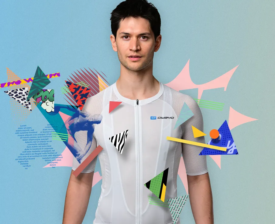 Un homme portant un maillot de sport blanc sans manches avec une fermeture éclair et le logo 'owayo' sur la poitrine, entouré de formes géométriques et de motifs colorés.