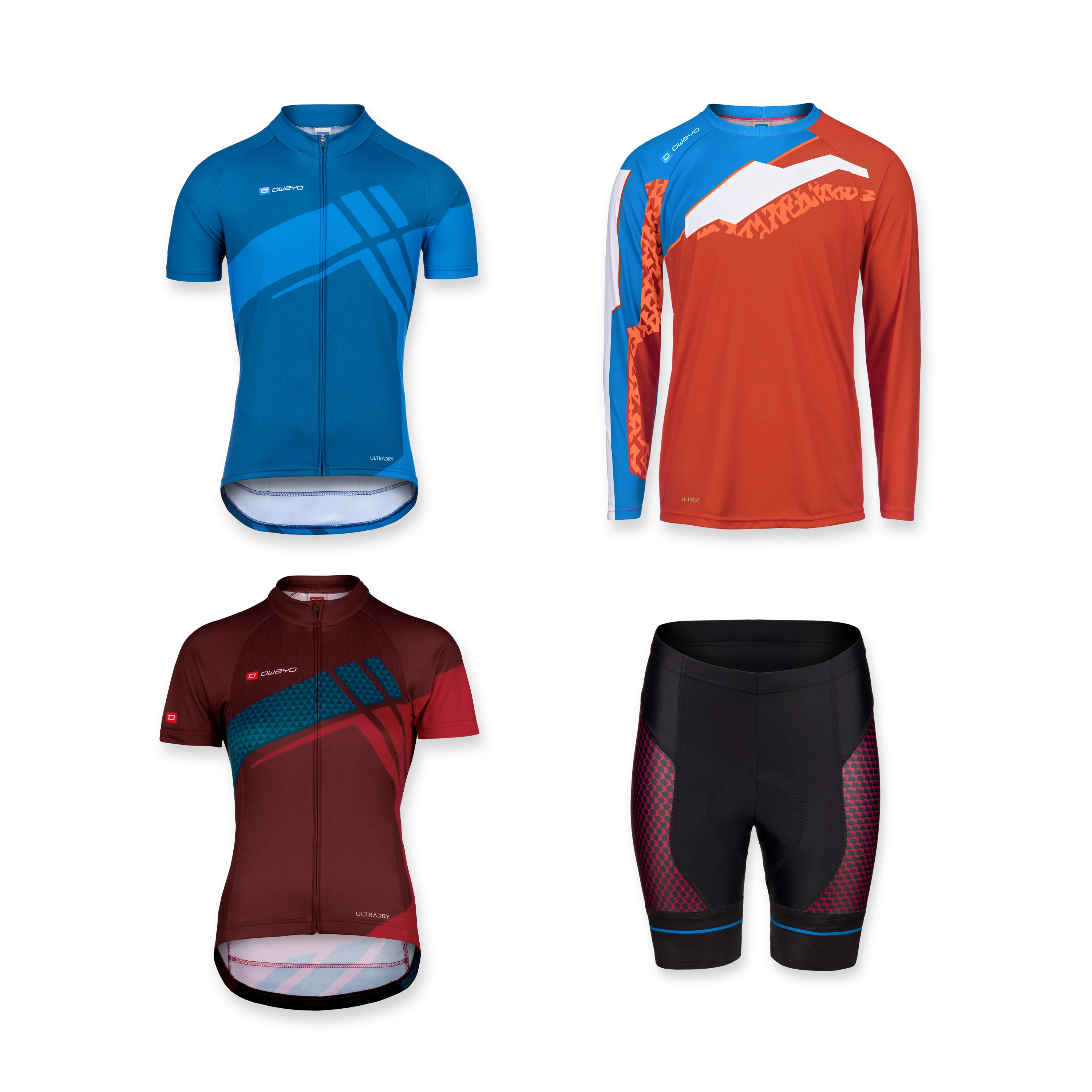Quatre articles de vêtements de sport différents, dont un maillot à manches courtes bleu, un maillot à manches longues rouge, un maillot à manches courtes bordeaux et un short de cyclisme noir.