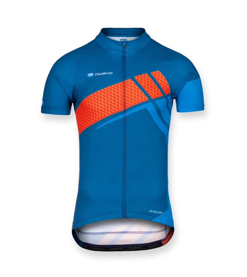 Un maillot de cyclisme bleu et orange pour homme à manches courtes, avec fermeture éclair et le logo owayo sur la poitrine.