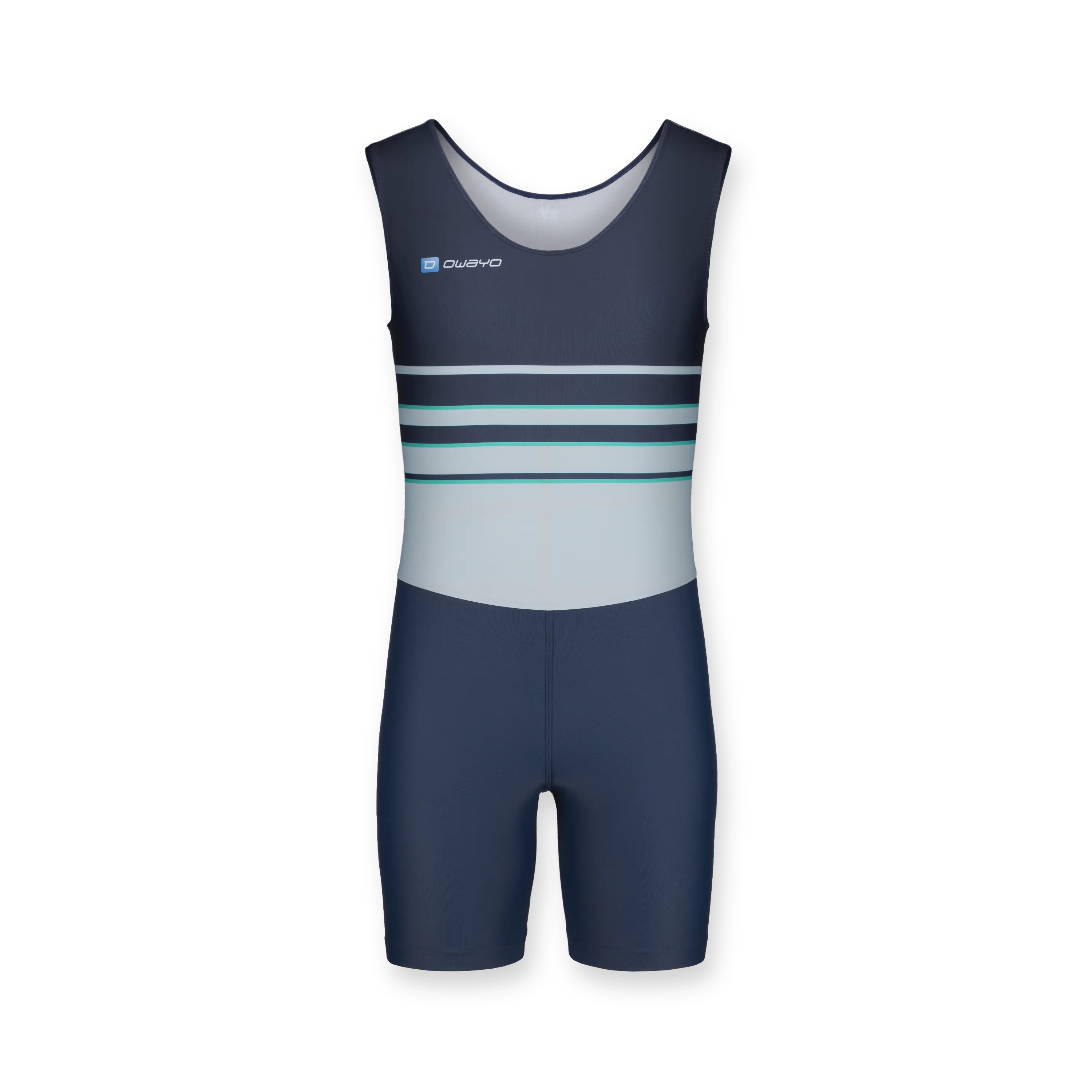 Un costume de sport sans manches en bleu marine avec des rayures horizontales en bleu clair et vert sur la partie supérieure.