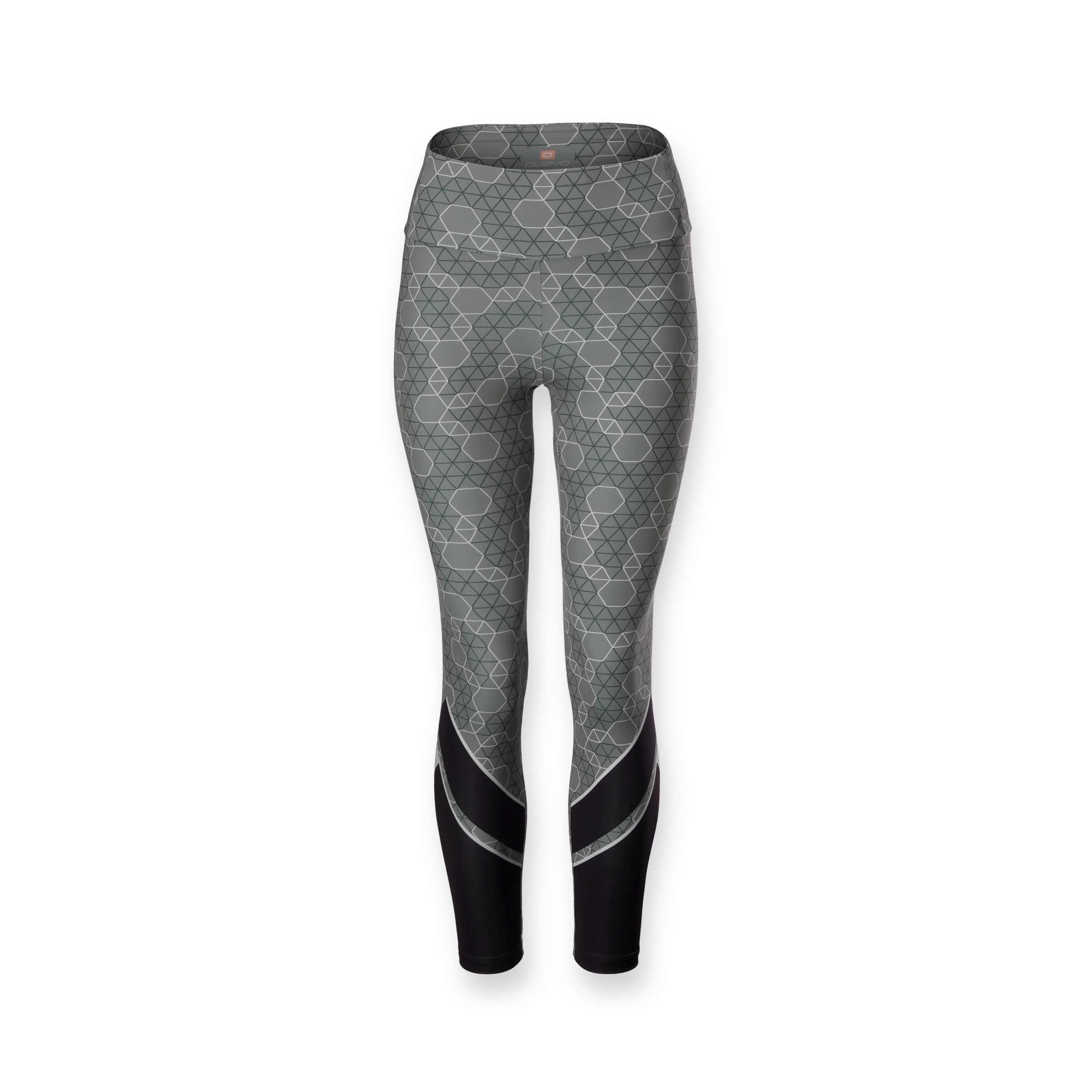 Leggings de sport gris à motif avec une taille noire étroite et des panneaux noirs sur les côtés.