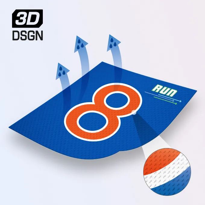 Un tissu bleu avec un grand 8 orange et le mot 'RUN', représentant des vêtements de sport respirants.