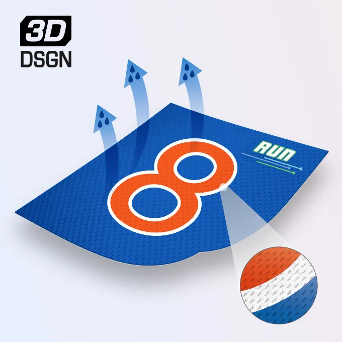 Un tissu bleu avec un '8' orange proéminent et le mot 'RUN', présentant des détails texturés et une section agrandie montrant un petit motif coloré.