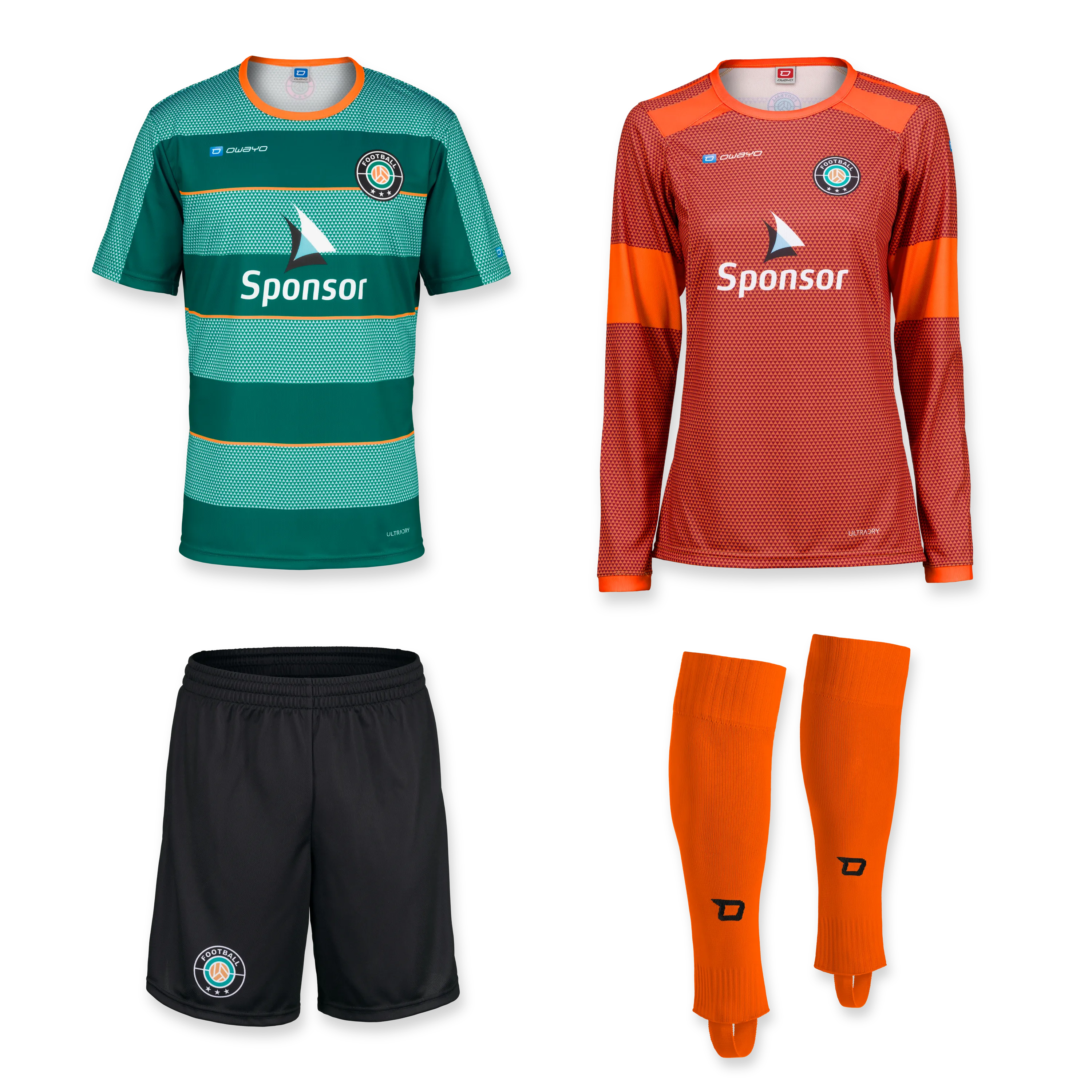 Un ensemble de deux maillots de football, un short noir et une paire de chaussettes orange, le tout dans différentes combinaisons de couleurs.