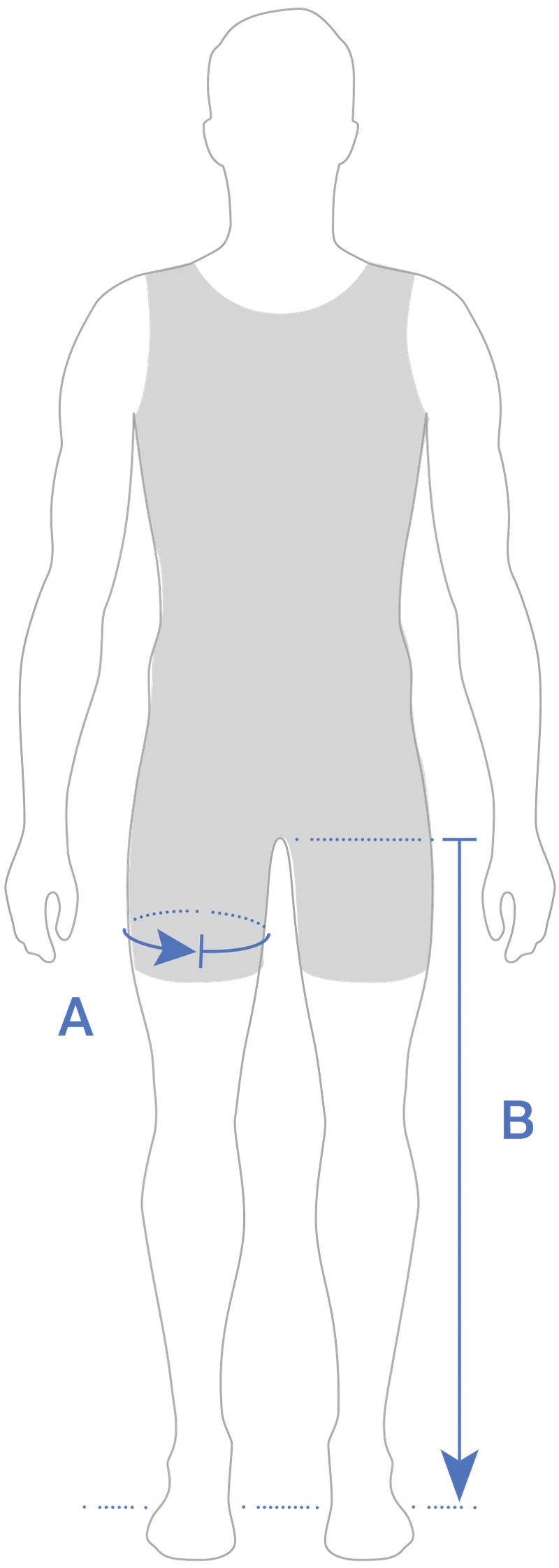 Une illustration schématique d'une personne en vêtements de sport avec des mesures de la longueur de la jambe et du tour de cuisse.