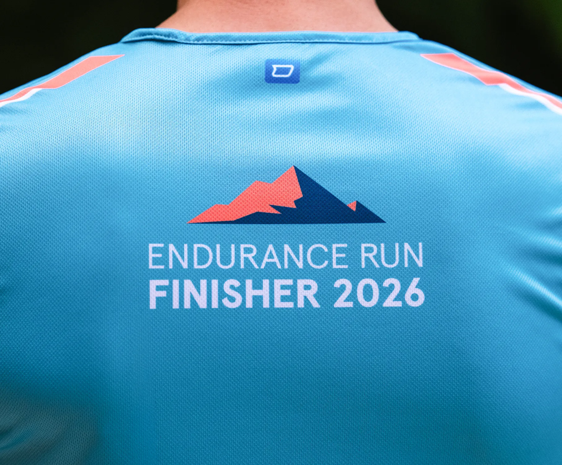 Un maillot de sport bleu avec l'impression 'ENDURANCE RUN FINISHER 2026' et un motif de montagne stylisé au dos.