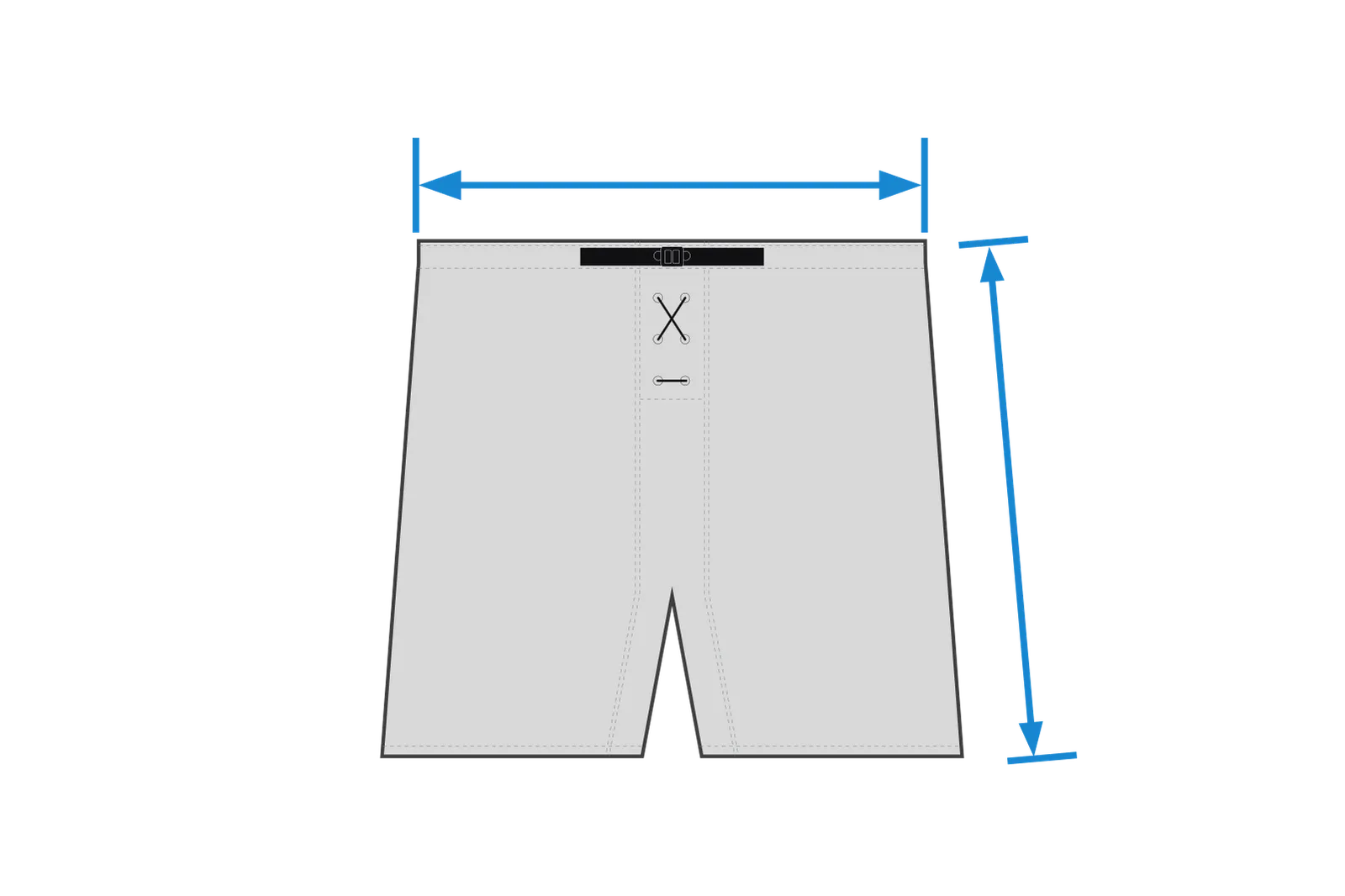 Une représentation graphique de shorts de sport avec des lignes de mesure pour la largeur et la longueur.