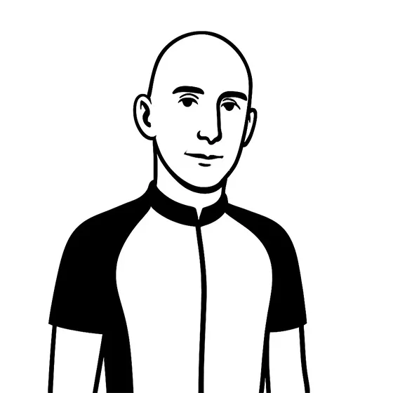 Une illustration en noir et blanc d'un homme portant un vêtement sportif avec des manches noires et un torse blanc.