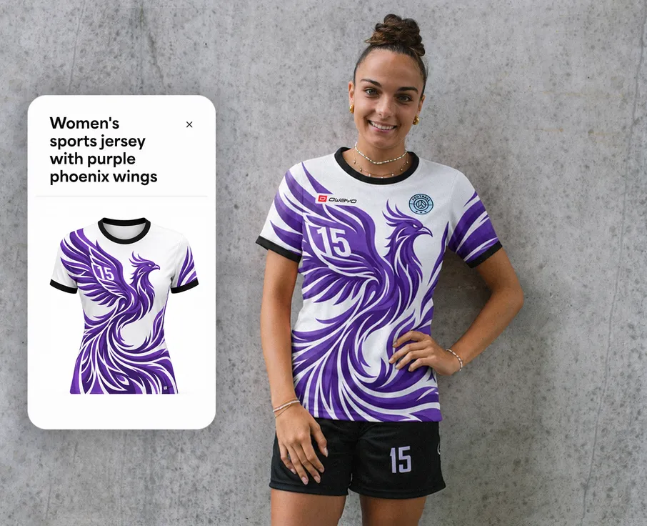 Une femme porte un maillot de sport blanc avec un design de phénix violet et le numéro 15, debout devant un mur gris.