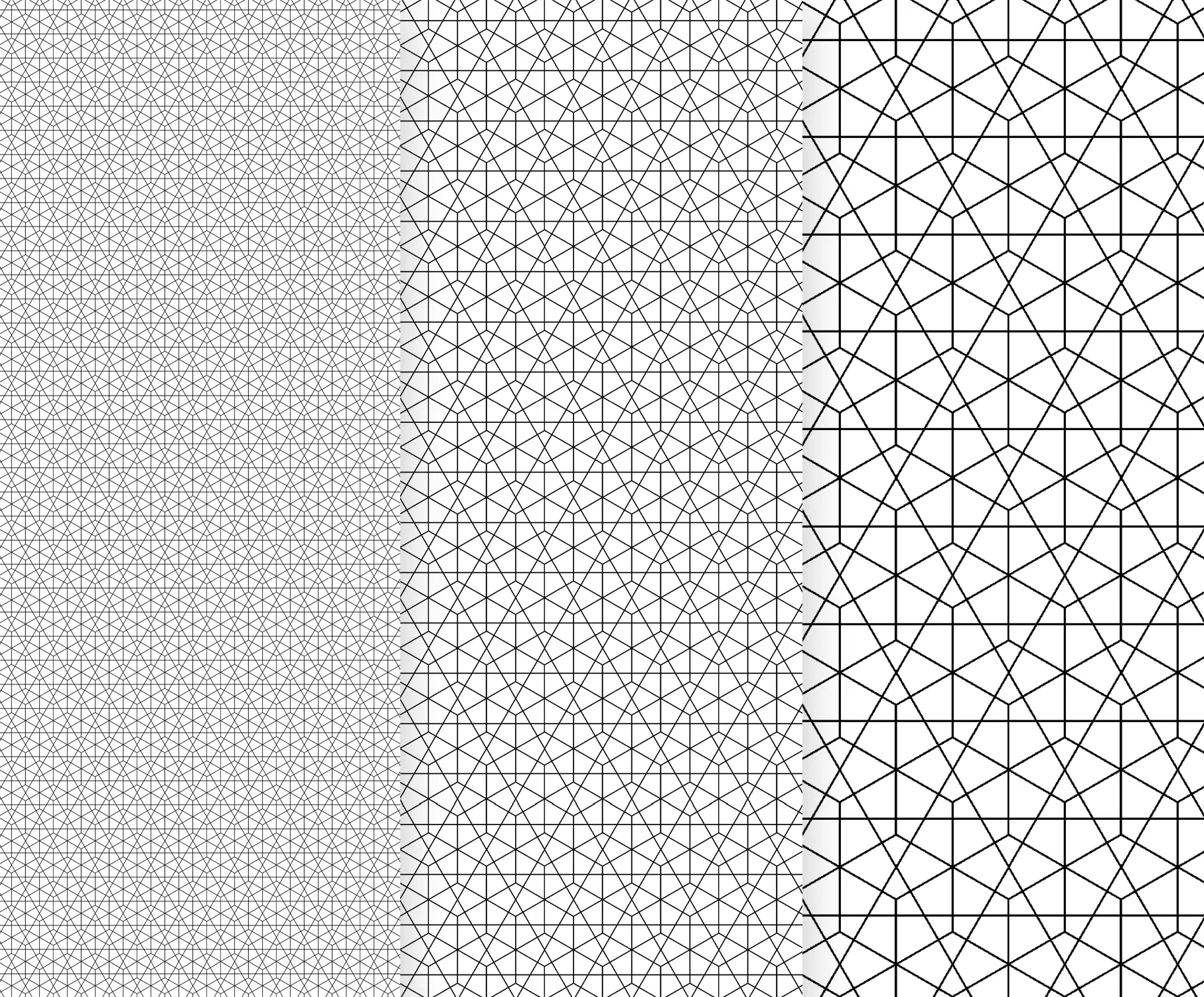 Trois panneaux verticaux présentant différents motifs géométriques en noir et blanc, adaptés pour des vêtements de sport personnalisés.