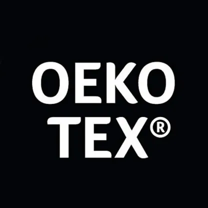 L'image montre le logo OEKO-TEX® en lettres blanches sur fond noir.