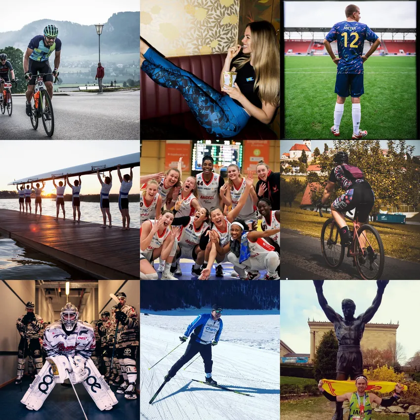 Une collation d'athlètes dans diverses activités, y compris le cyclisme, le basket-ball, l'aviron et le ski de fond, portant des vêtements de sport personnalisés.