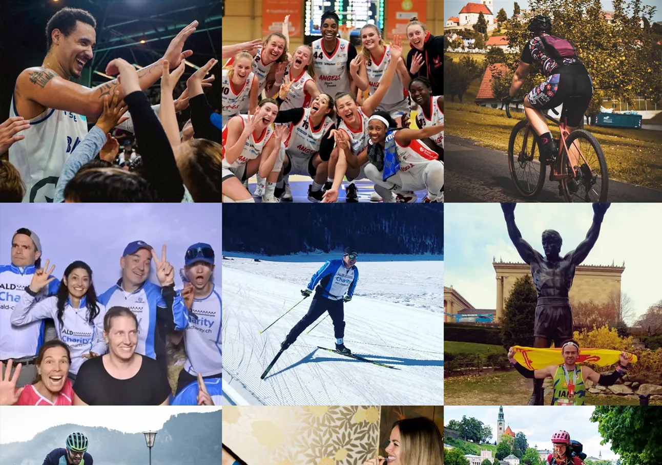 Collage de neuf photos montrant divers athlètes et équipes en action, y compris des joueurs de basket-ball, des joueuses de basket-ball, des cyclistes, des skieurs de fond, un groupe lors d'un événement caritatif et une personne avec une médaille devant une statue.